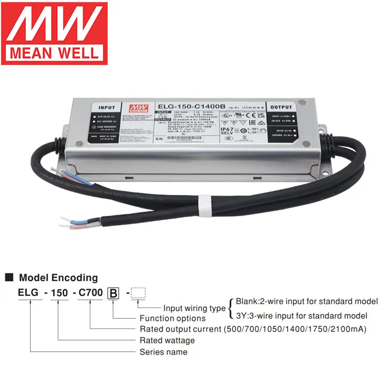 MEAN WELL ELG-150-C1050B Constant Current LED Driver with 3 in 1 Dimming Function 500mA 700mA 1050mA 1400mA 1750mA 2100mA