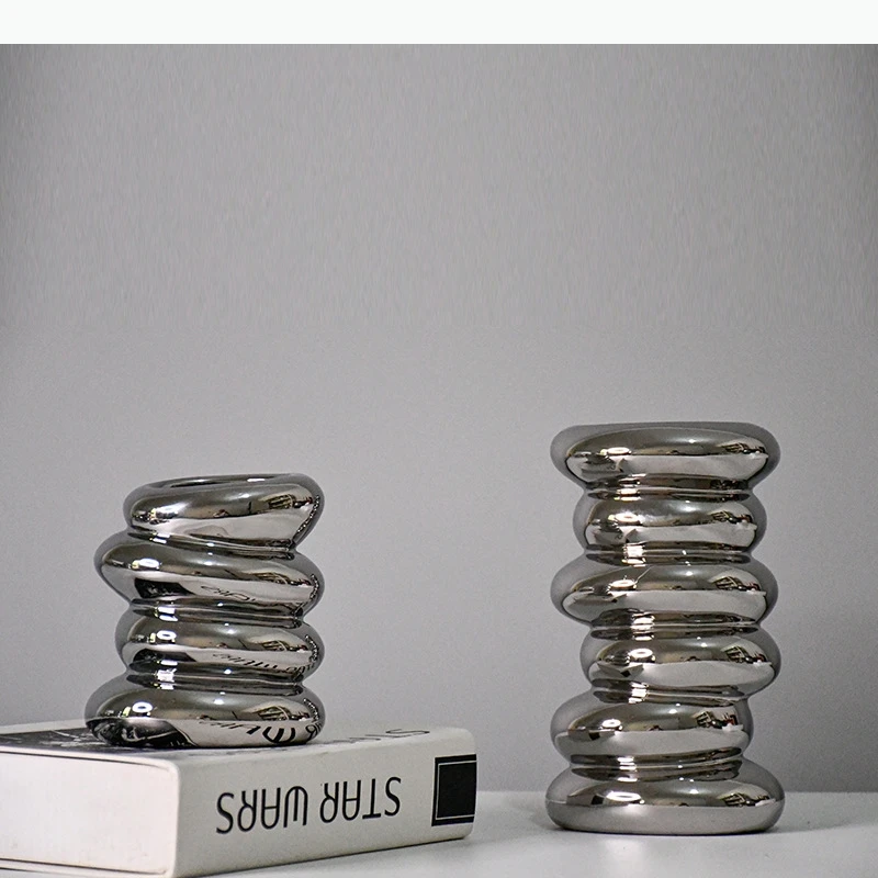 Silver Pebble Ceramic Decoration Flower Vase Geometric Stack Floral Arrangement Accessories Terrarium Room Decoration