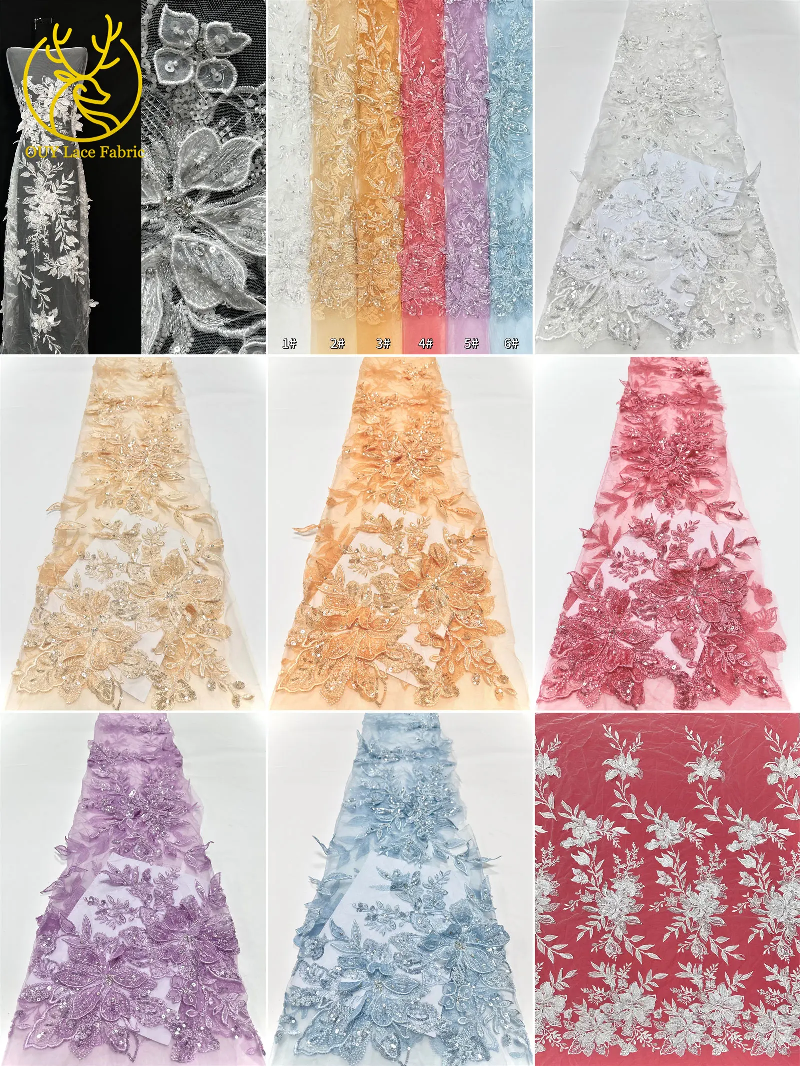 3D Lace Embroidery Lace French Sequins Tulle Lace Fabric High Grade African Beaded Lace Fabric Party Wedding Dress Material