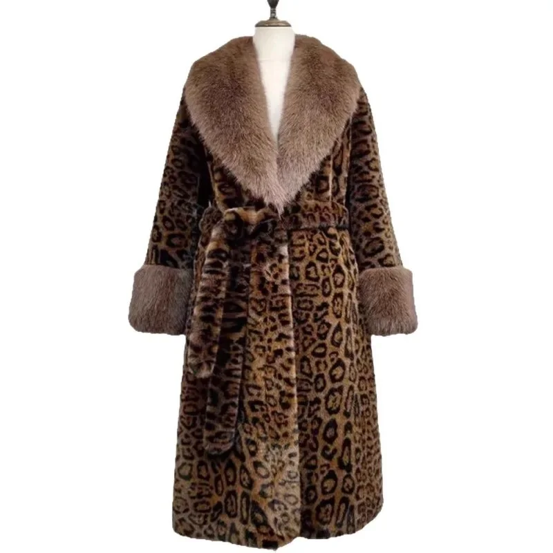معطف نسائي من الفرو الصناعي مع حزام معطف كاجوال بنقشة الفهد موضة ملابس نسائية دافئة تقليد الثعلب بياقة كبيرة من الفرو سترات طويلة #5