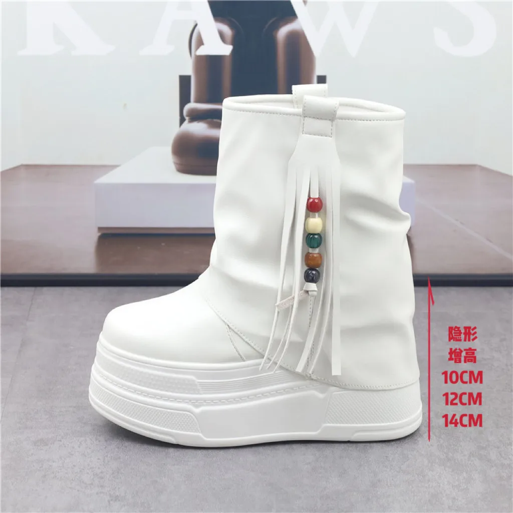 Women White Slouchy Ankle Boots 12cm Hidden Wedge Platform Tassel Fringe Chunky Sole Winter Autumn Fashion Botines
