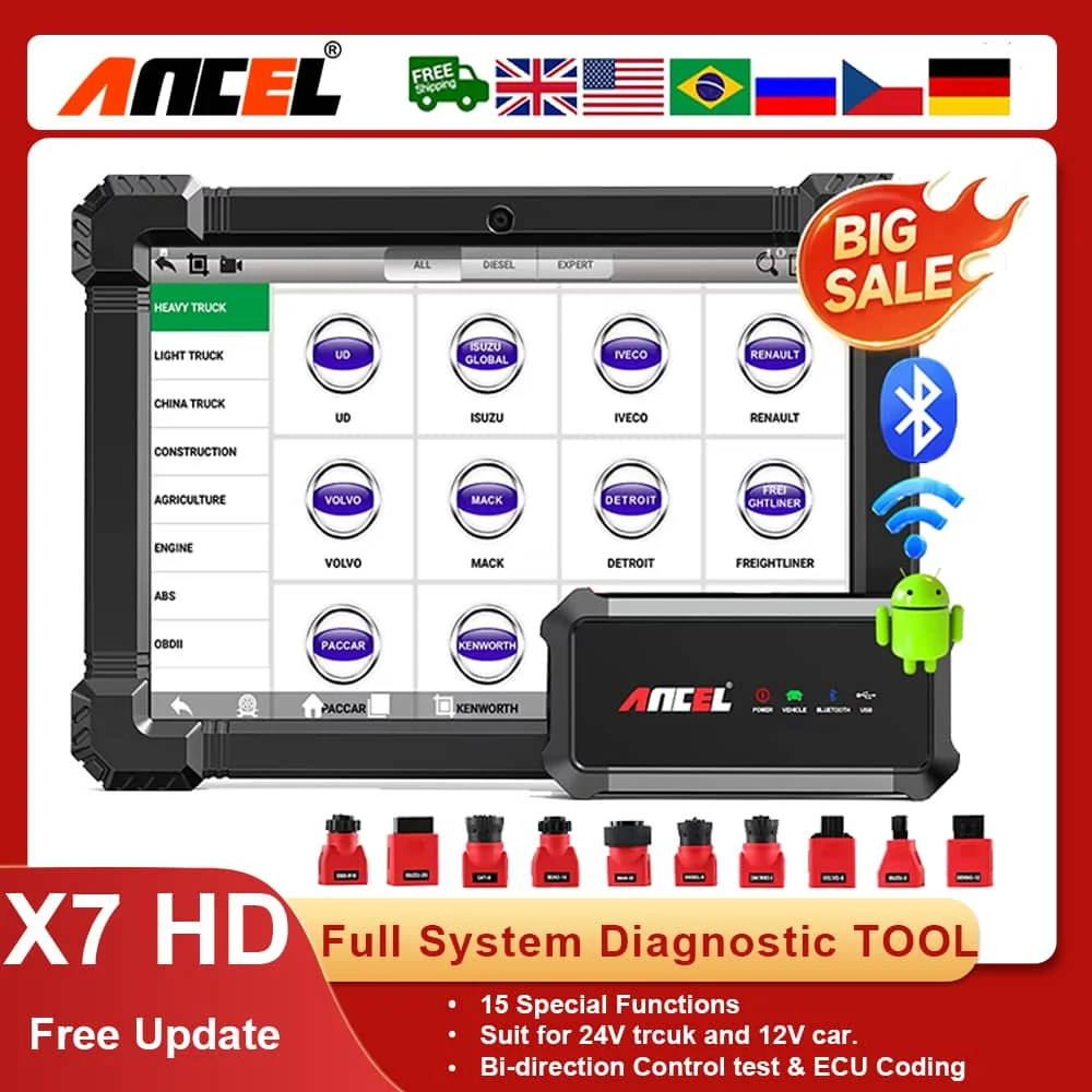 

Новейший ANCEL X7 HD OBD2, всесистемный сканер для тяжелых грузовиков, диагностический инструмент, масло DPF, тестер сброса ECU для грузовиков 12 В 24 В