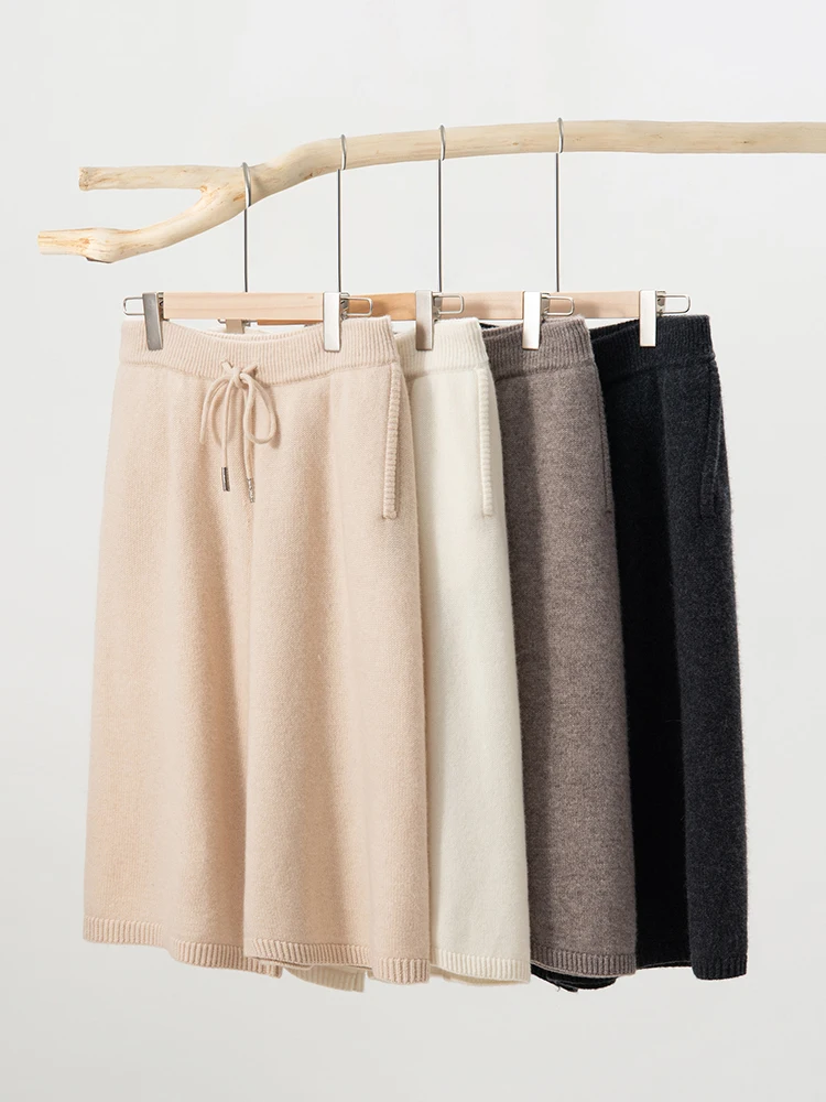 TLOML New Women 100% Cashmere Knit Pant Calf-length Pants Autumn Winter Chic Thick Wide Leg Pants Cashmere Knitwear Casual Style