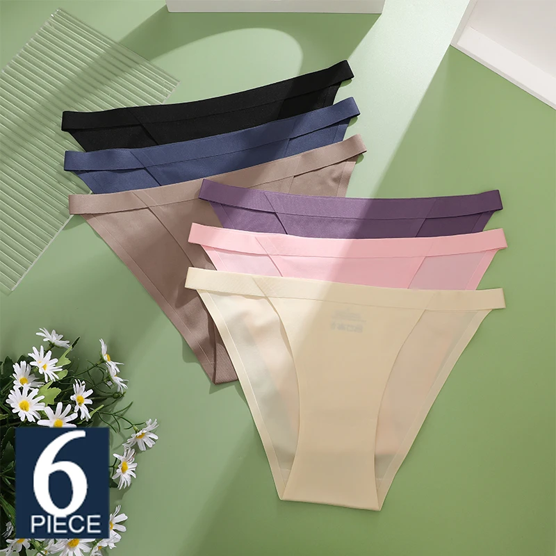 FINETOO 6Pcs/Set Sexy Women Ice Silk Low-waist Panties Female Traceless Briefs Ladies Comfortable Lingerie G-String Underpants
