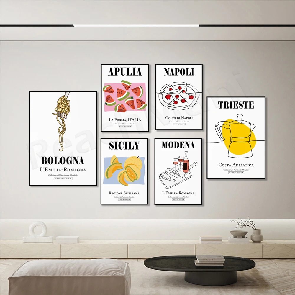 Sicily, Porto Pino, Sardinia, Trieste, Friuli Venezia Giulia, Italian aesthetic fruit, coffee pot silhouette line boho poster