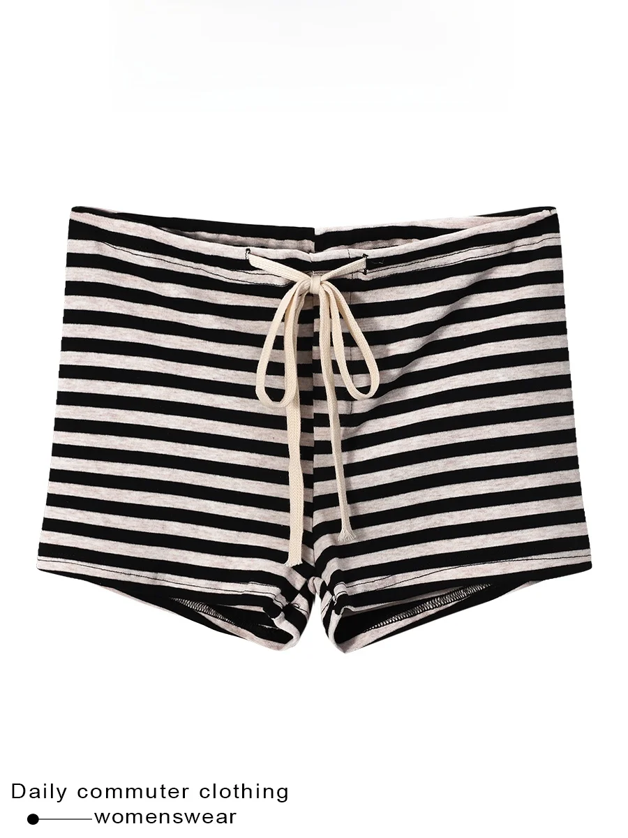Low Waist Drawstring Casual Striped Shorts Women's Fashion Summer New Style Slimming Versatile Black Apricot Casual Shorts