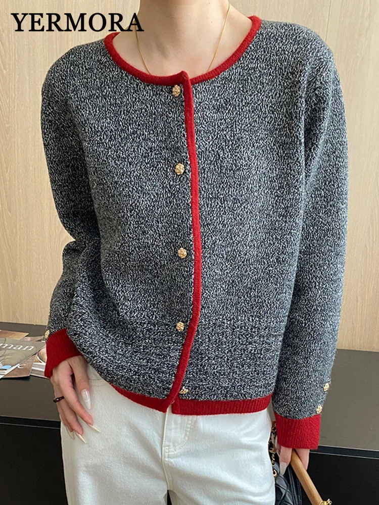 

YERMORA Women Gray Patchwork Elegant Knitting Cardigan O-neck Long Sleeve Loose New Sweater Fashion Tdie Spring Autumn 2025