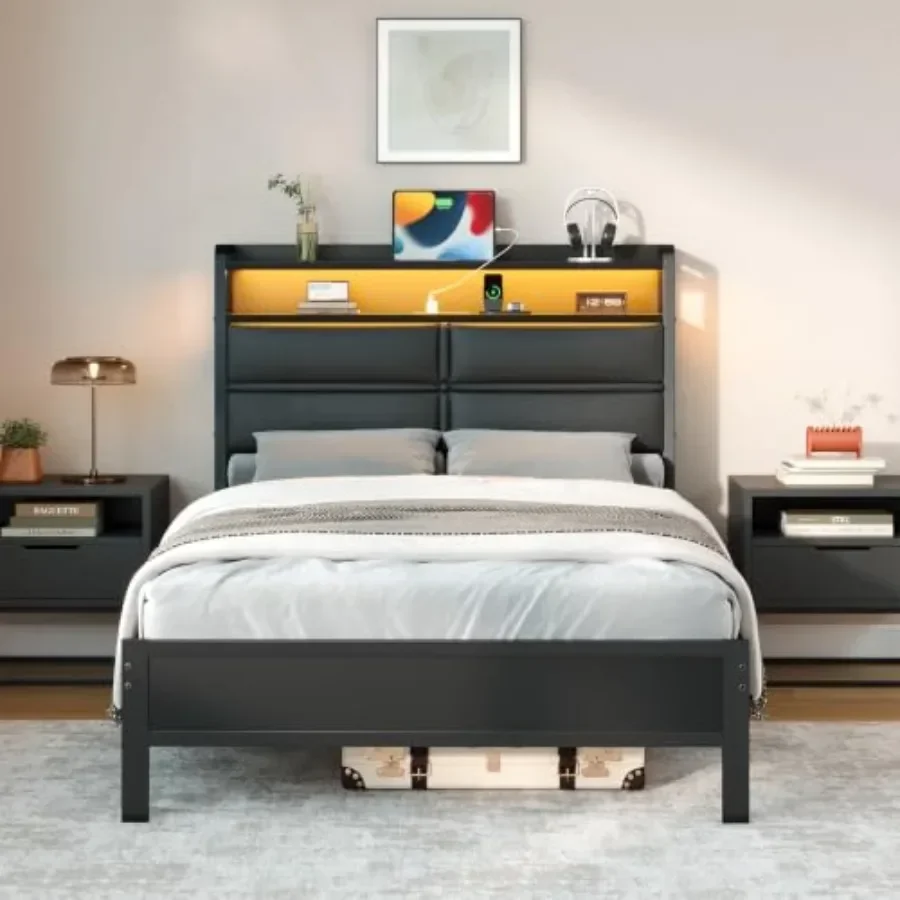 Bed Frame for Bedroom Use, Wooden Material, Black Color, Built-in LED Lights and USB Charging Station