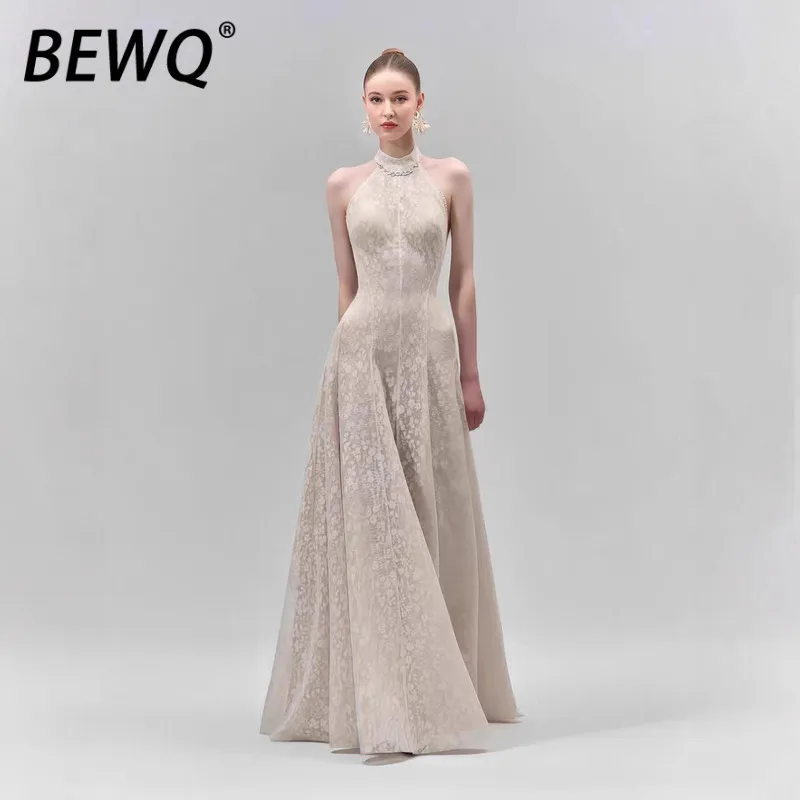 

BEWQ Fashion Women's Elegant Dress Halter Lace Embroidery Patchwork Sleeveless High Waist Evening Party Dress 2026 Spring New