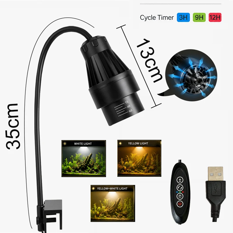 USB  LED Aquarium Spotlight Clip-on 3-Color with Cycle Timer & Cooling Fan 15°-60° Adjustable Focus for Fish Tank 10W 14W 16W