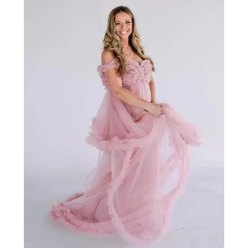 Dusty Pink Tulle Maternity Photoshoot Dress,  Ruffle High Slit Gown, Adjustable Back Lace Up Pregnancy Maxi dresses baby shower