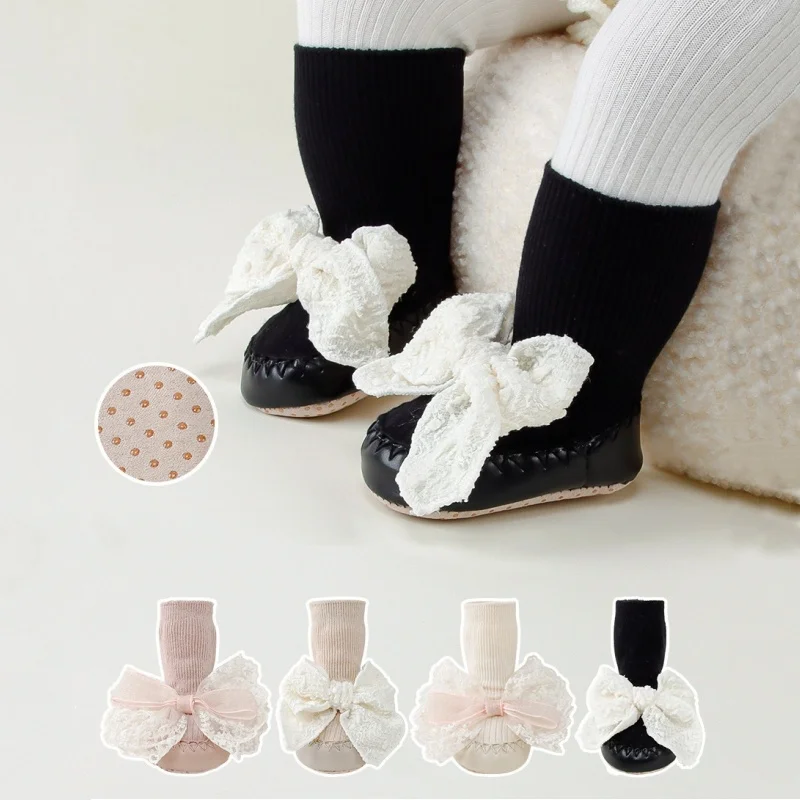 

0-18Months Baby Girls Socks Shoes Newborn Soft Floor Socks Infant Toddler Bowknot Anti Slip Leather Sole Princess Walking Shoes