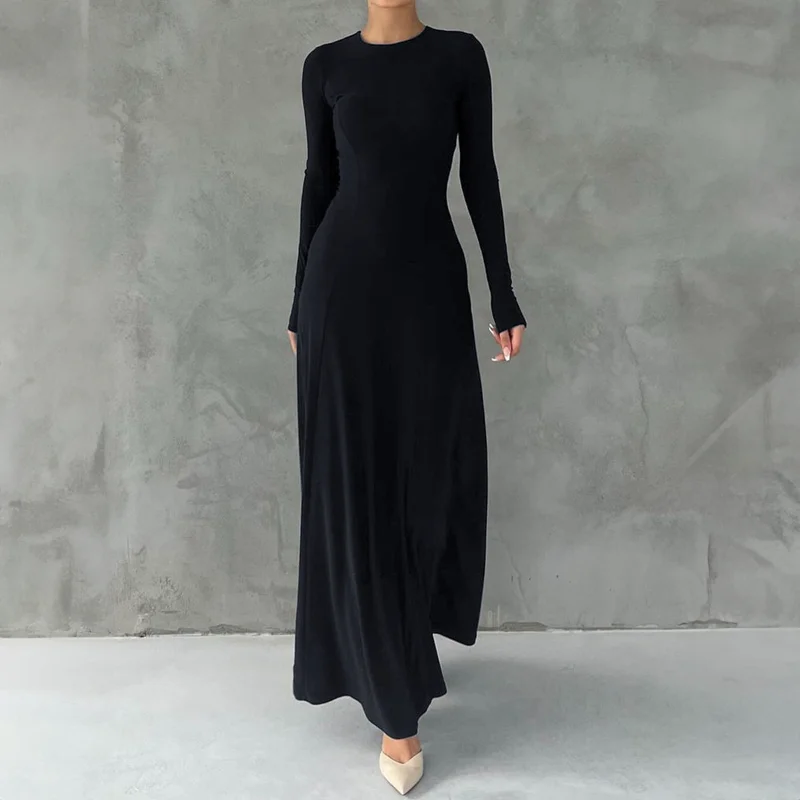 Elegantes, langärmliges, hüftumarmendes, langes Rockkleid für Damen im Herbst und Winter