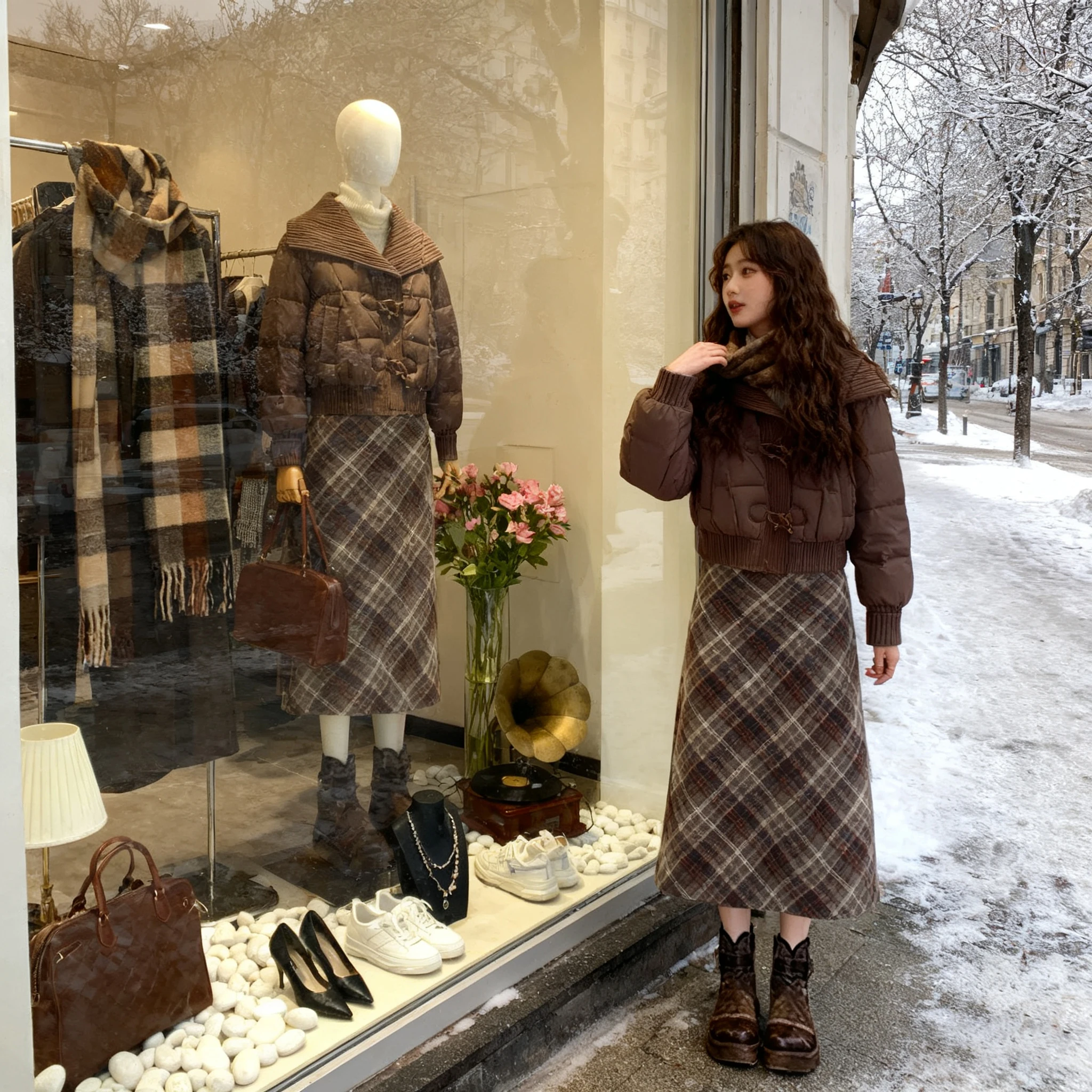 

Faionable Versatile Cotton Jaet Women's ort Sle Autumn Winter New Arrival Plaid Skirt Two-Piece Set Casual Wear