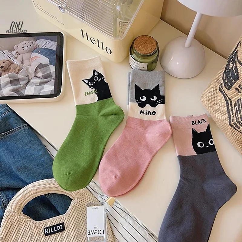 Cartoon Cute Cat Color Matching Polyester Cotton Socks Mid-tube Socks Breathable Sweat Absorption Sports Sock Sweet Student Sock