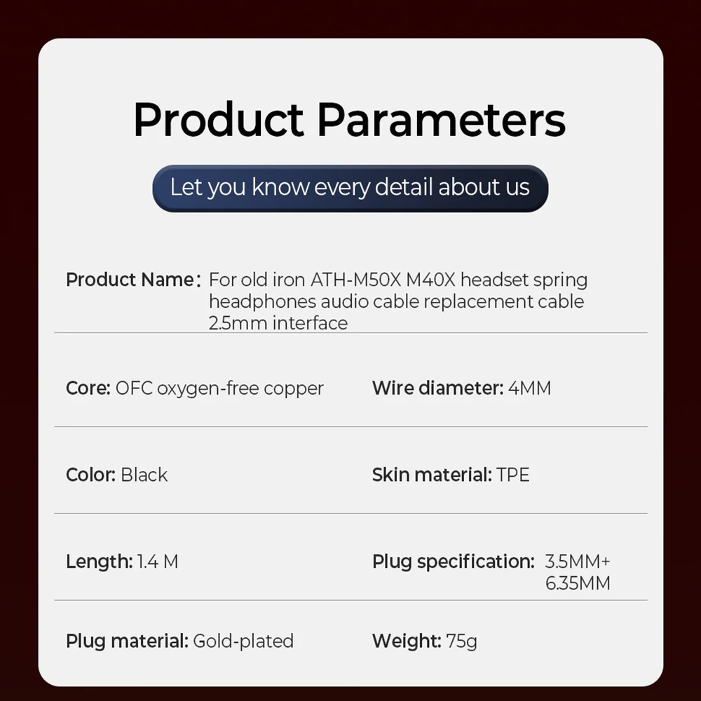 Hot Selling Audio Cable For Audio Technica ATH-M60X ATH-M50x ATH-M40x ATH-M70x Headphone Audio Cable 2.5mm to 3.5mm+6.35mm