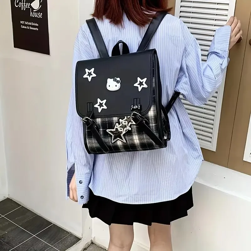 Sanrio Hello Kitt Backpack Fashion Large Capacity Student Bag Backpack Star Grid Large Capacity Flip Bag Cool Girl College Style