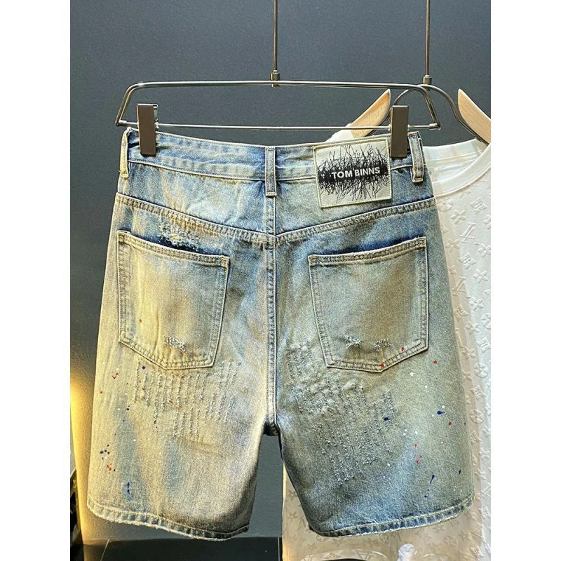 Summer Thin Vintage Washed And Scraped Denim Shorts With A Trendy Men'S Signature Straight Cut And Slim Fitting Ripped  Jeans
