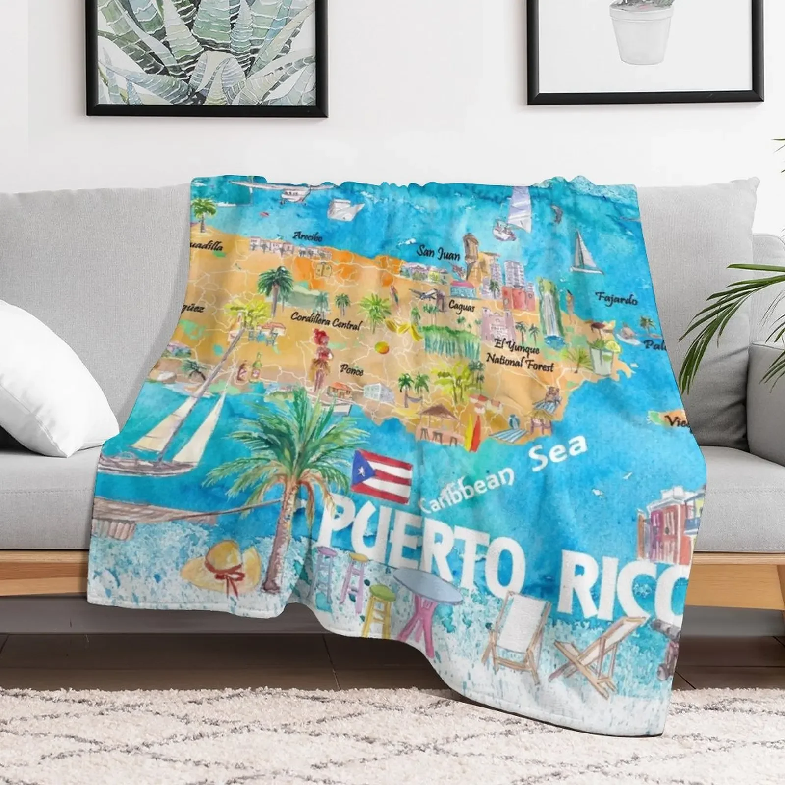 Puerto Rico Islands Illustrated Travel Map with Roads and Highlights Throw Blanket Hairys Bed linens bed plaid Blankets