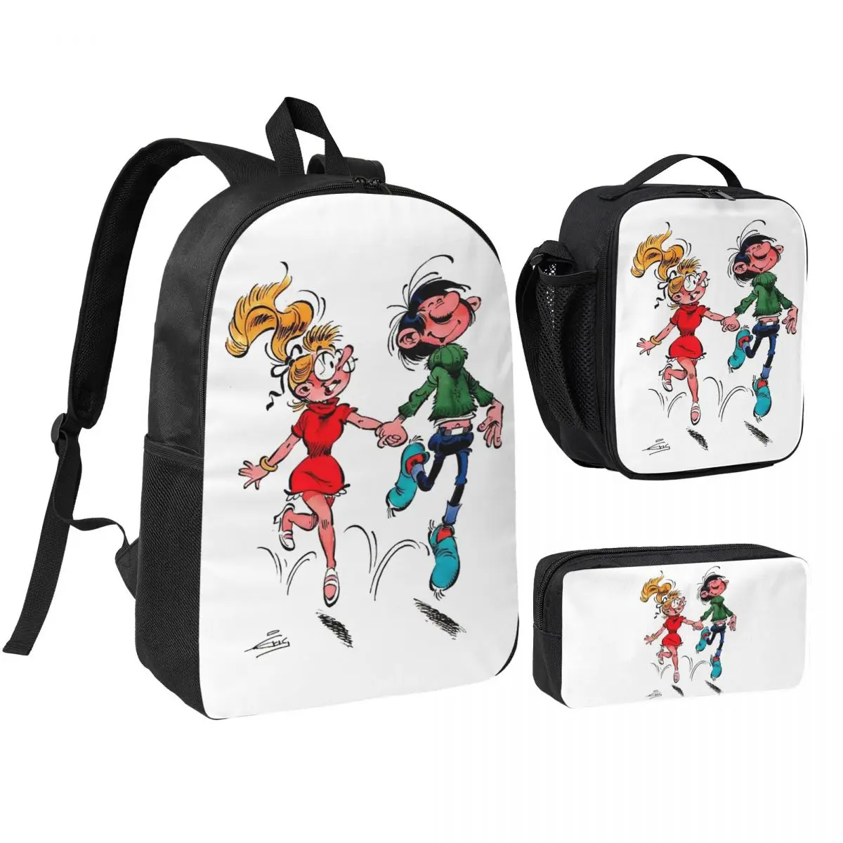 

Gaston Lagaffe Big Ben Head Backpack Boys Girls BookBag School Bag Shoulder Bags 3ps Insulated Lunch Bag Pencil Case