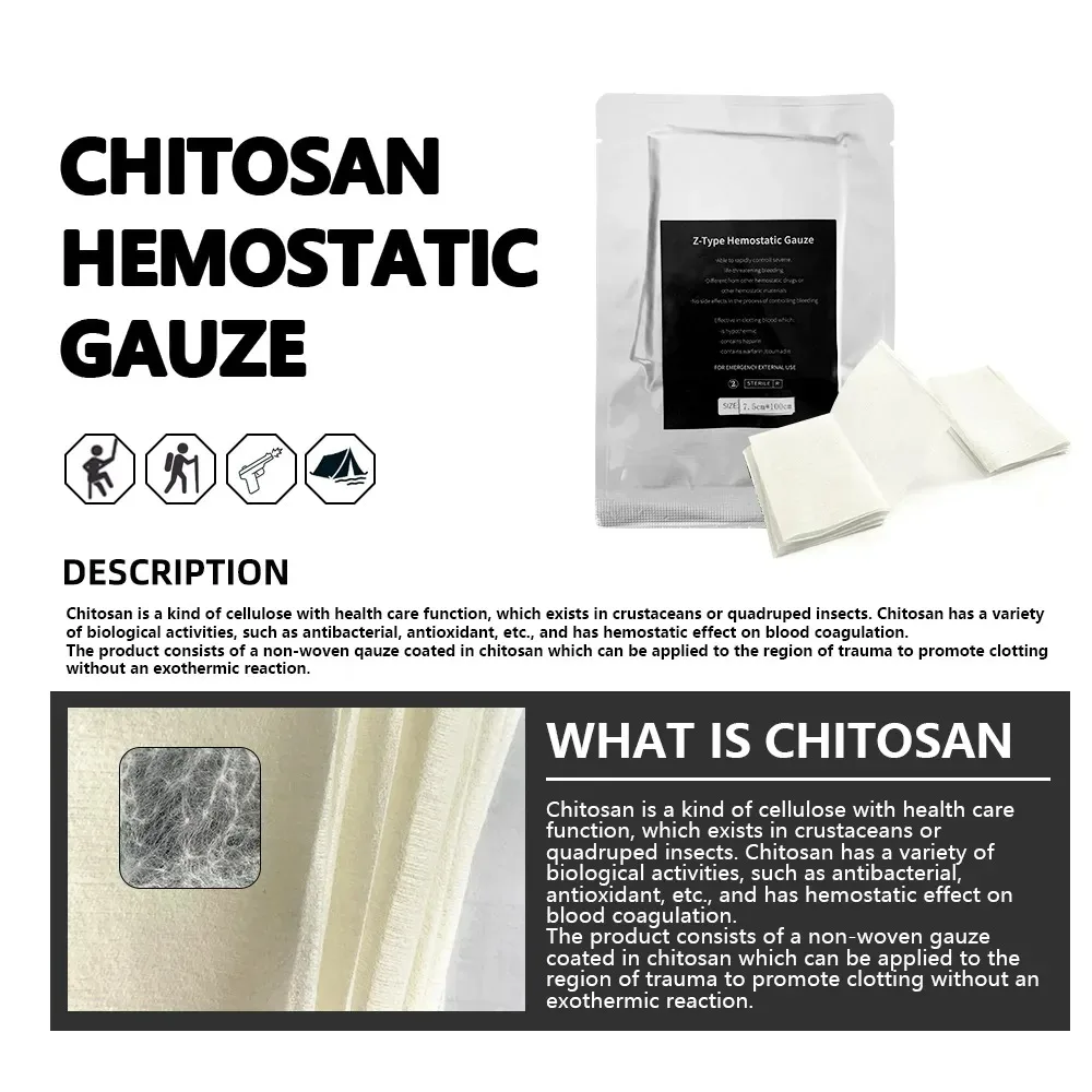 Chitosan hemostatic gaze vestir para primeiros socorros, ferida trauma, emergência Frist Aid, resgate ao ar livre, Z-Fold, 7,5x100cm