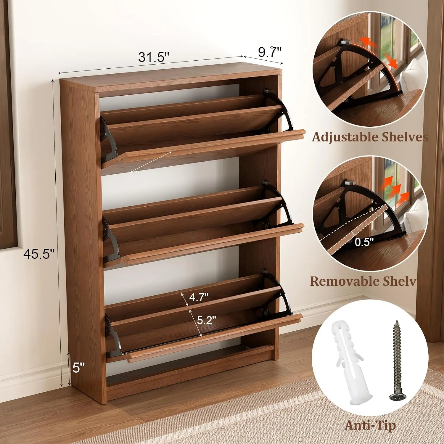 3-Drawer Solid Wood Shoe Cabinet, Slim Pull-Out Concealed Storage for Hallway Living Room Bedroom Closet, Customized