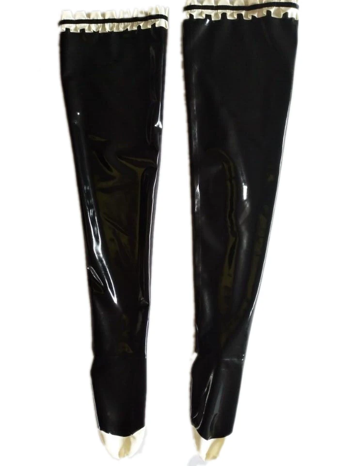 

Made of 0.4mm thickness women's black latex stockings with white ruffles decorations