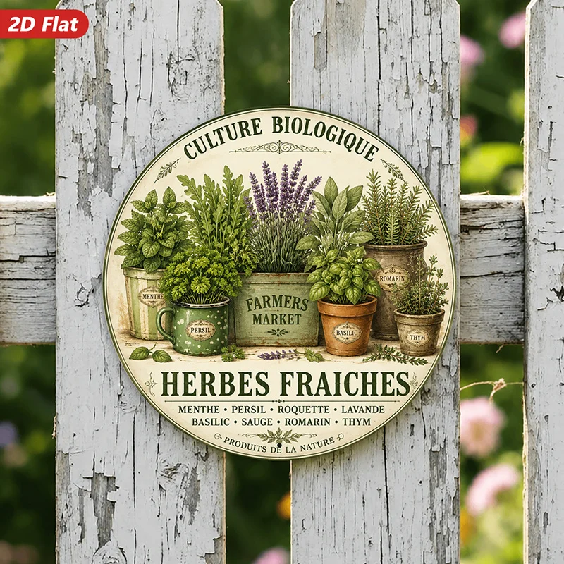 2D Flat, 1pc French Herb Garden Round Metal Sign Wall Art, Culture Biologique Text, Fresh Herb Pots, Mint Parsley Lavender
