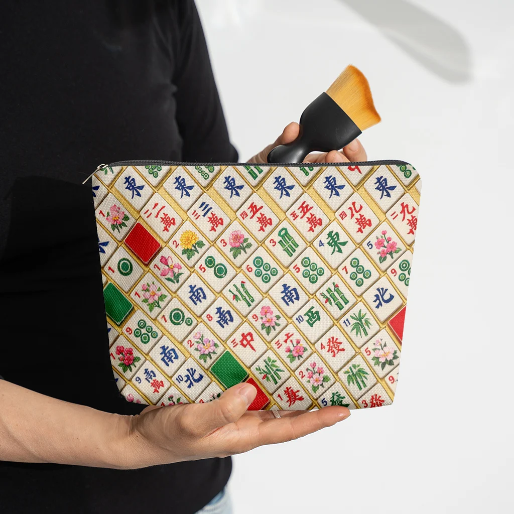 Makeup Bag  Mahjong Tile Arrangement Linen Cosmetic Bag With Zipper Closure Large Capacity Toiletry Pouch Cute Fashion Wal