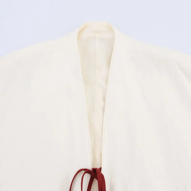 

New Summer 2025 Women's Faion Linen Long Sve Embroidered Knot Decorated Outerwear Loose Fit V-Ne Belted