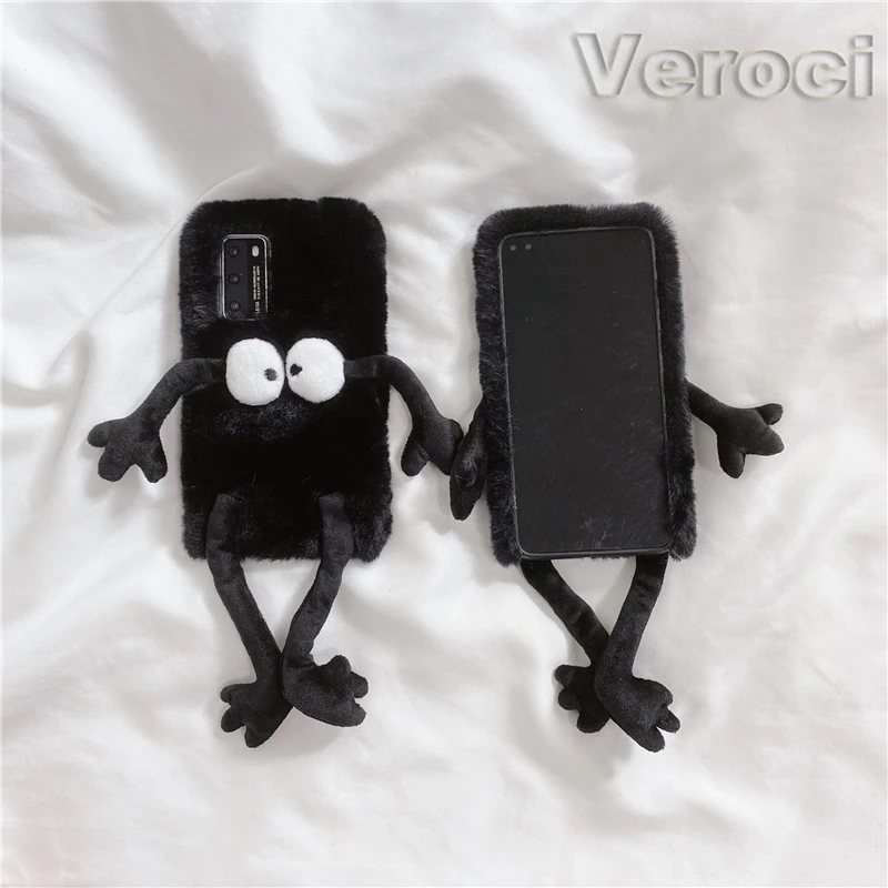 Cute Cartoon Briquettes Plush Fur Phone Case For Huawei P30 P20 P40 Lite P50 Pro Y8P Y6P Y5P Y7P Y5 Y6 Y7 2019 Y7A P Smart Plus