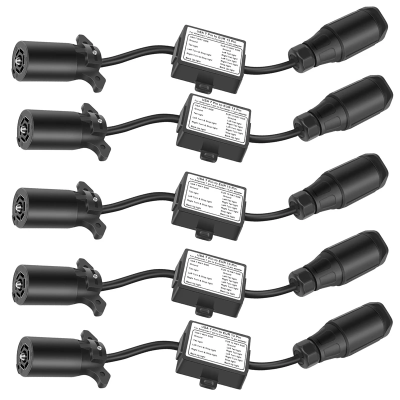 5X USA To European Trailer Light Converter 7 Way Flat Socket (US Vehicle) To 13-Pin Round Plug (EU Trailer)