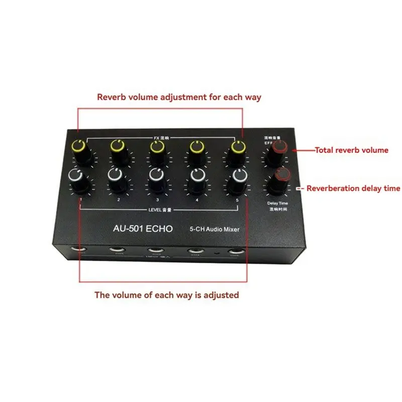 AA60 5-Channel Audio Mixer Portable Mini Microphone Extender Mixing Console with Reverb Type-C Rechargeable