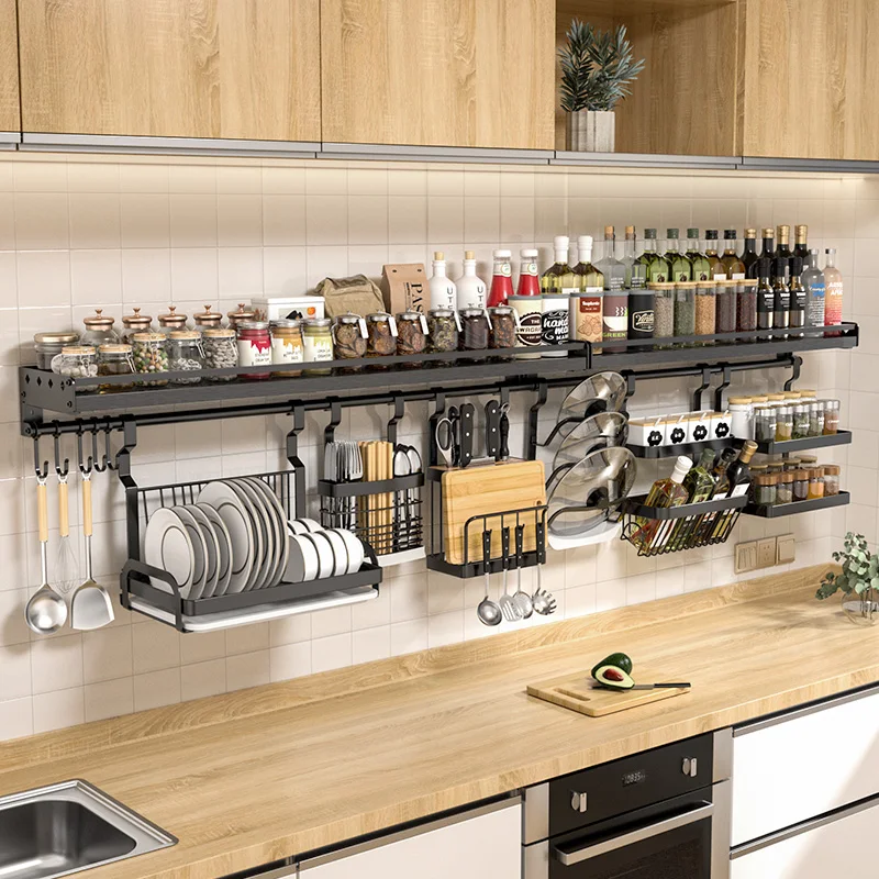 

Black Stainless Steel Kitchen Shelf Wall Hanging Wall Seasoning Rack Hanger Hanger Storage Plate Knife Widening
