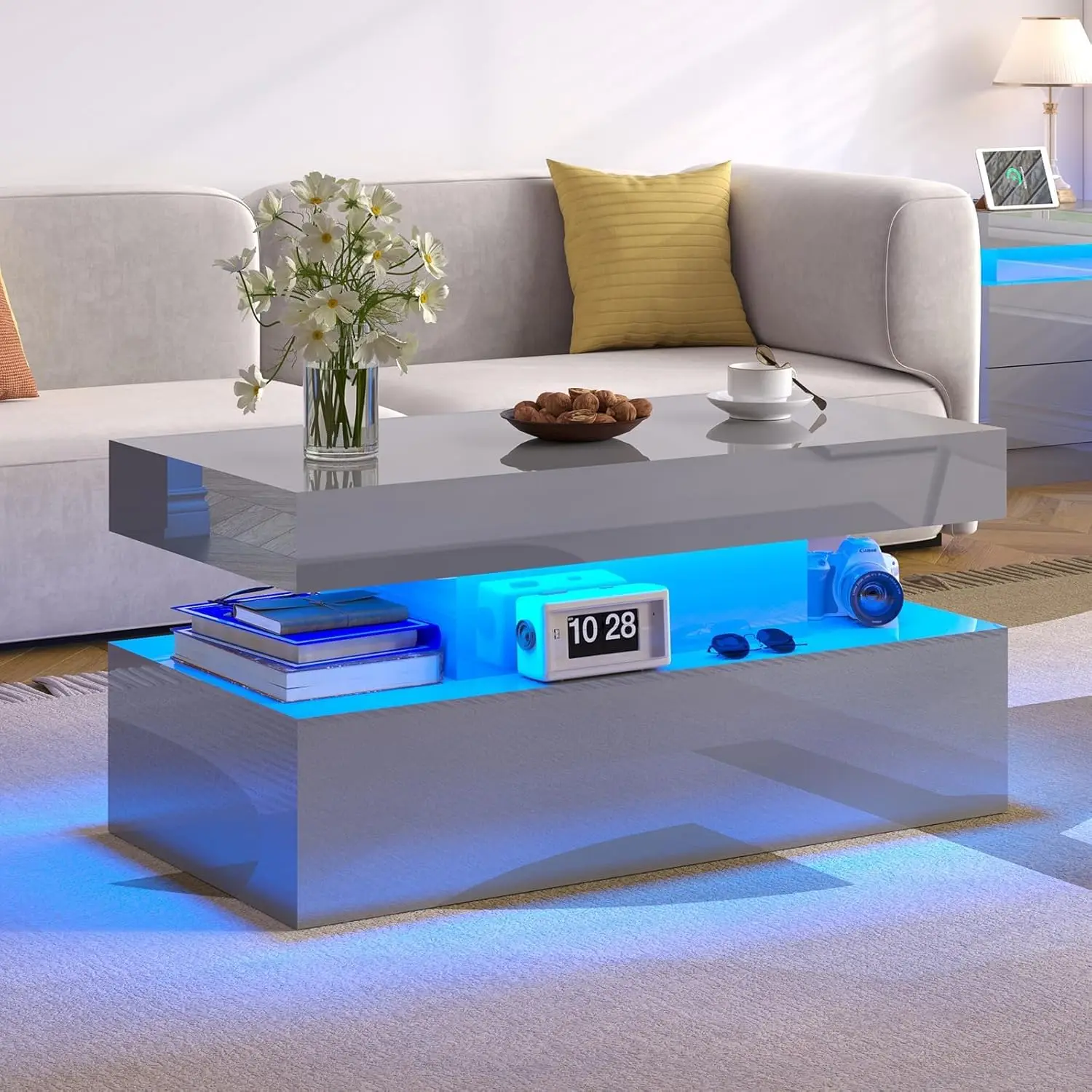 

Modern LED High Gloss Coffee Table 2-Tier Storage Living Room Office Grey,Customized