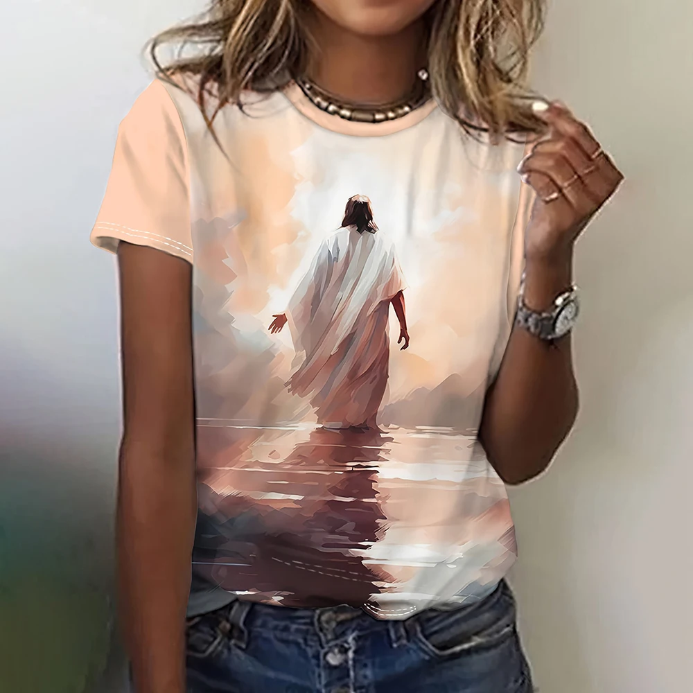 Women Fashion T-Shirts Jesus 3D Print Short Sleeve Christian T Shirt Casual Tops Summer Female Jesus O-Neck Loose Oversize Shirt image 4