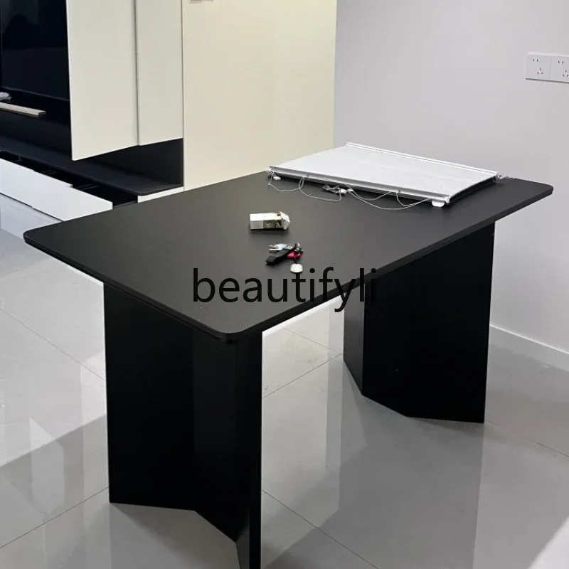 

Solid wood rock slab dining table Aurora black Italian high-end travertine beige rectangular household ash wood full