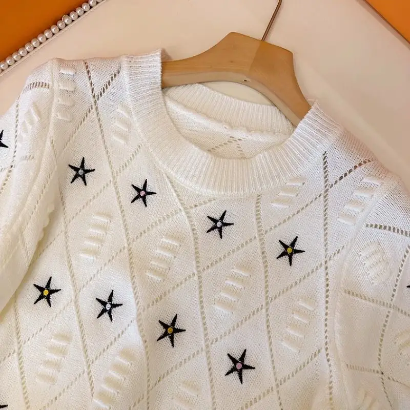 Summer Geometric Printed Short Sleeve Knitted Top Women Vintage Sweet Slim Pullovers Fashion Hollow Out Casual O-neck T-shirt - Image 3