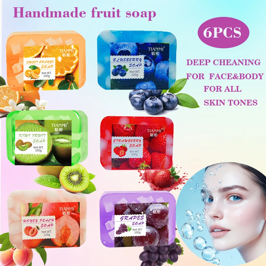 6 مجموعات من الصابون المصنوع يدويًا بنكهة الفاكهة، مع 6 نكهات مختلفة للاختيار من بينها، بما في ذلك البرتقال الحلو والتوت والكيوي وما إلى ذلك، #1