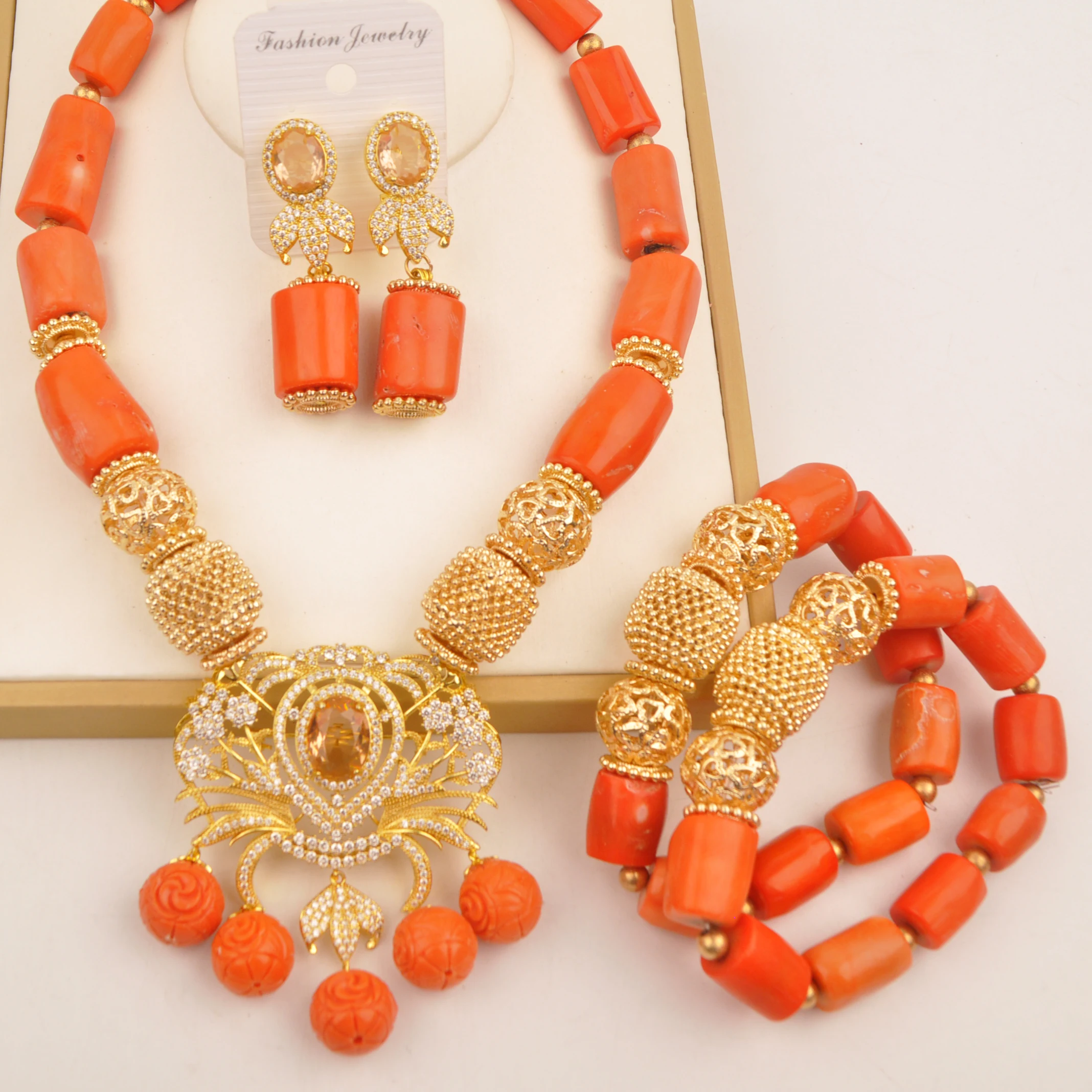 

Nigerian Bride Jewelry Natural Orange Coral Necklace African Beads Jewelry Set for Women