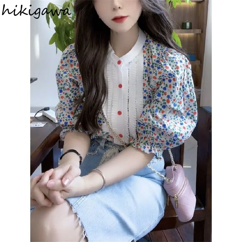 Vintage Blouse Women O-neck Puff Sleeve Shirt Fashion Clothes Floral Shirts 2023 Blusas De Mujer Summer Blouses Korean Tops