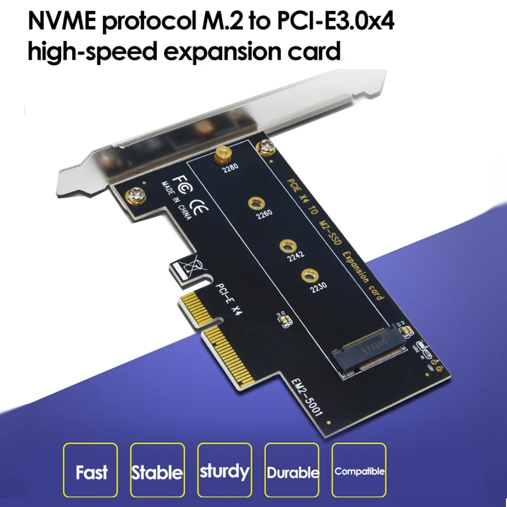 PCI-E 3.0 X4 to NVMe M.2 NGFF M Key SSD Riser Expansion Card for 2230/2242/2260/2280 M.2 SSD EM2-5001