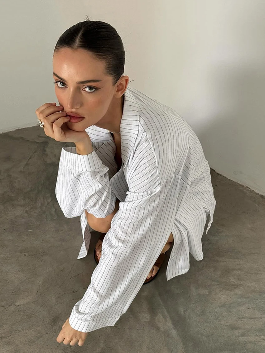 Marthaqiqi Striped Women Sleepwear Set Long Sleeve Nightgowns Sexy Turn-Down Collar Pajamas Shorts Causal Ladies Nightwear Suits