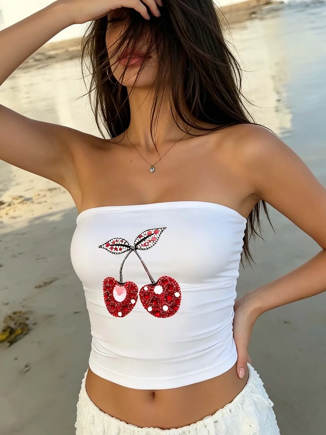 Cute Cherry Women's Sexy Fitted Short-Sleeved Strapless Y2K Streetwear Summer Beach Off-Shoulder Short-Sleeve Top