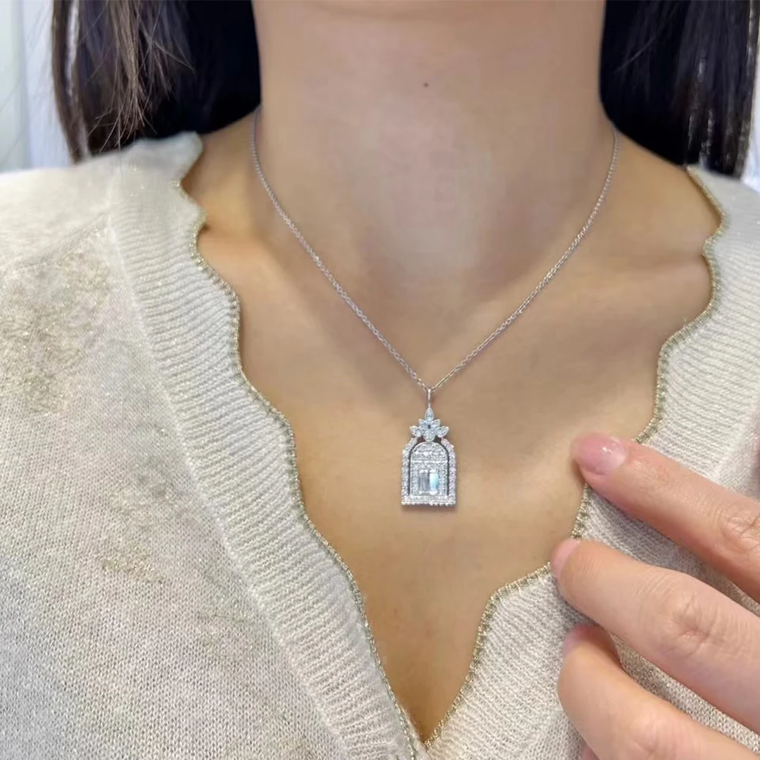 بوتيك مجوهرات 925 الفضة النقية الزركون المرأة الماس قلادة. الساطع القلعة قلادة قلادة. هدية مجوهرات المهرجان #4