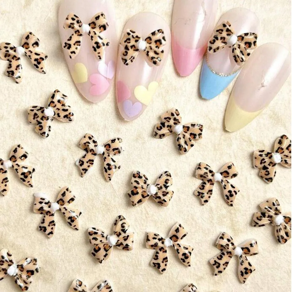 20/50Pcs 3D Maillard Color Ribbon Bow Kitty Nail Charms Leopard Print Tie Bowknot Rhinestones Y2K Flatback Resin Nail Decoration