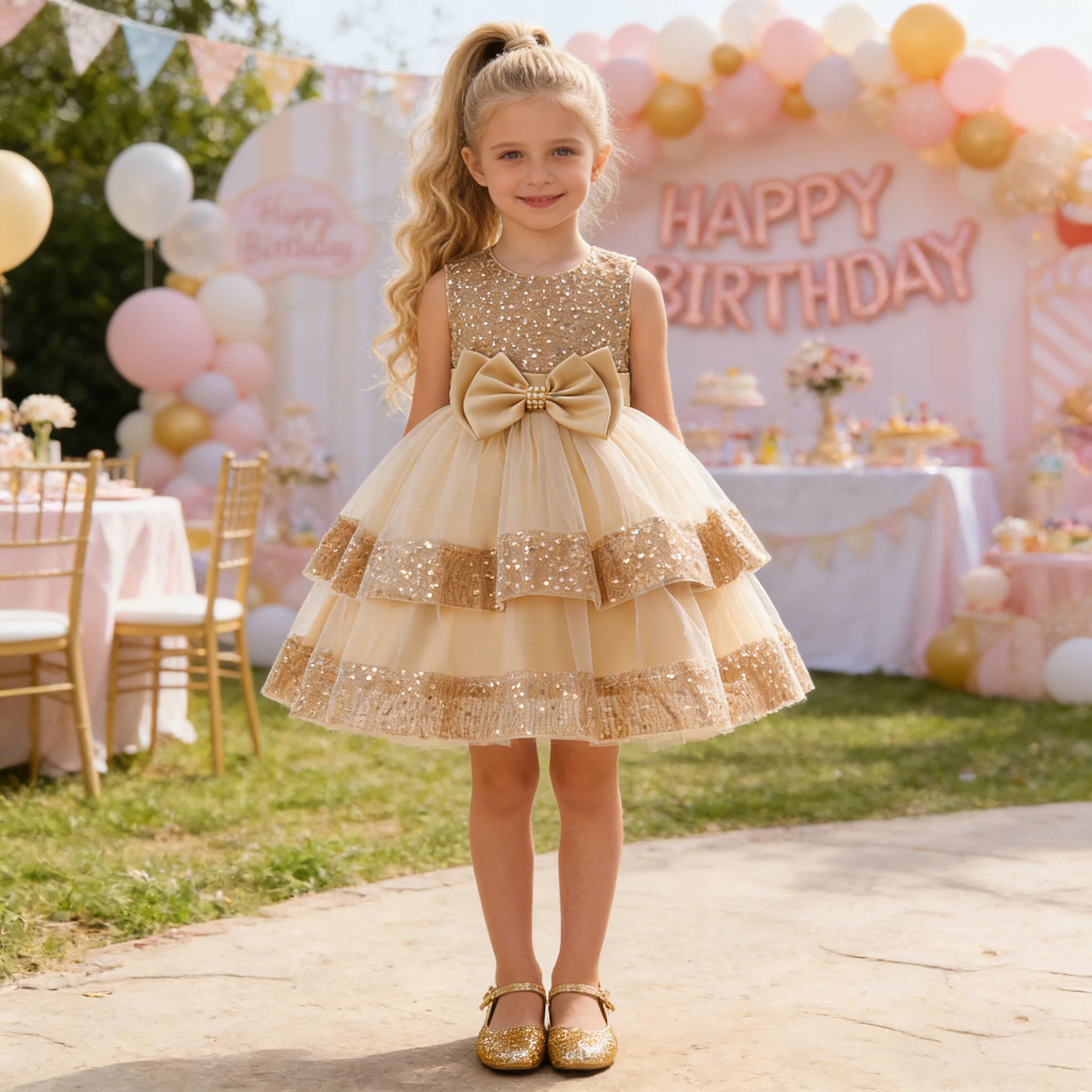 Fashion Sequin Party Girls Dresses Christmas Costume Elegant Tulle Birthday Princess Dress Girl Wedding Graduation Evening Gown