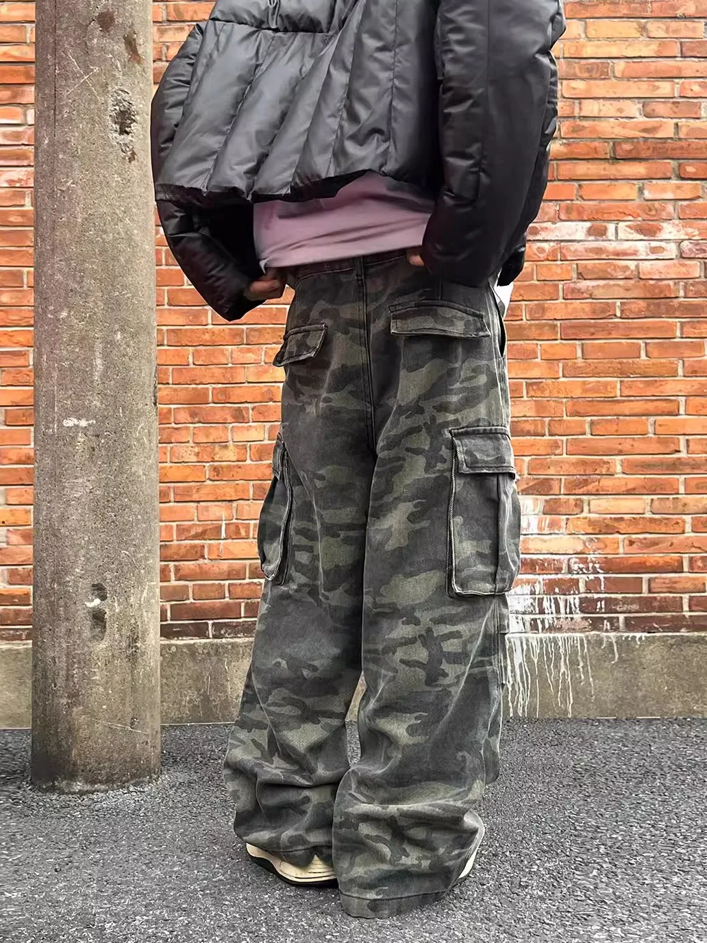 American Retro Cleanfit Camouflage Wide Leg Pocket Work Pants Men High Street Loose Straight Casual Long Trousers