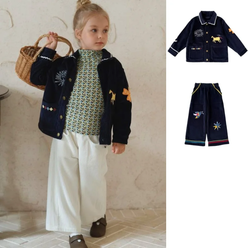 

Girls' Jacket Set 2025 Winter New Arrival Blue Print Fashion Thickened Warm Children's Cotton Coat Pure Cotton Wide-Leg Pants
