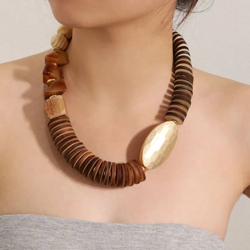 Statement Exaggerated Wood Beads Necklace for Woman Girl Wedding Party Jewelry